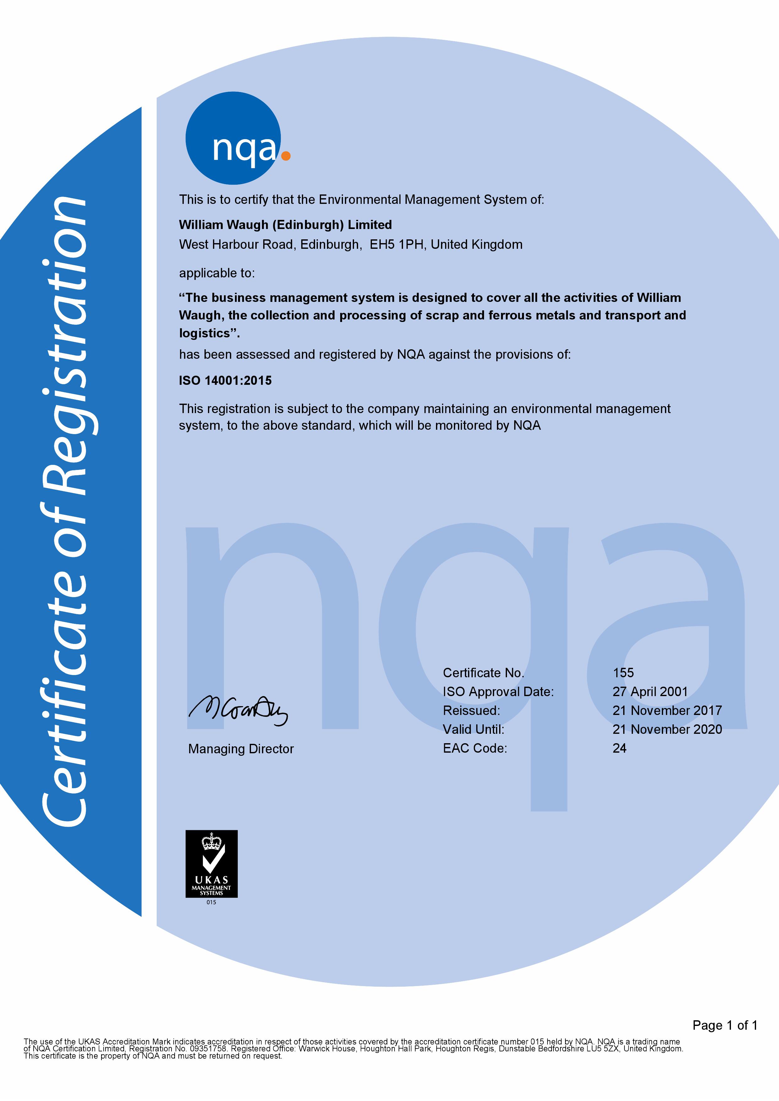 ISO14001: 2015  Accredited to the new Standard