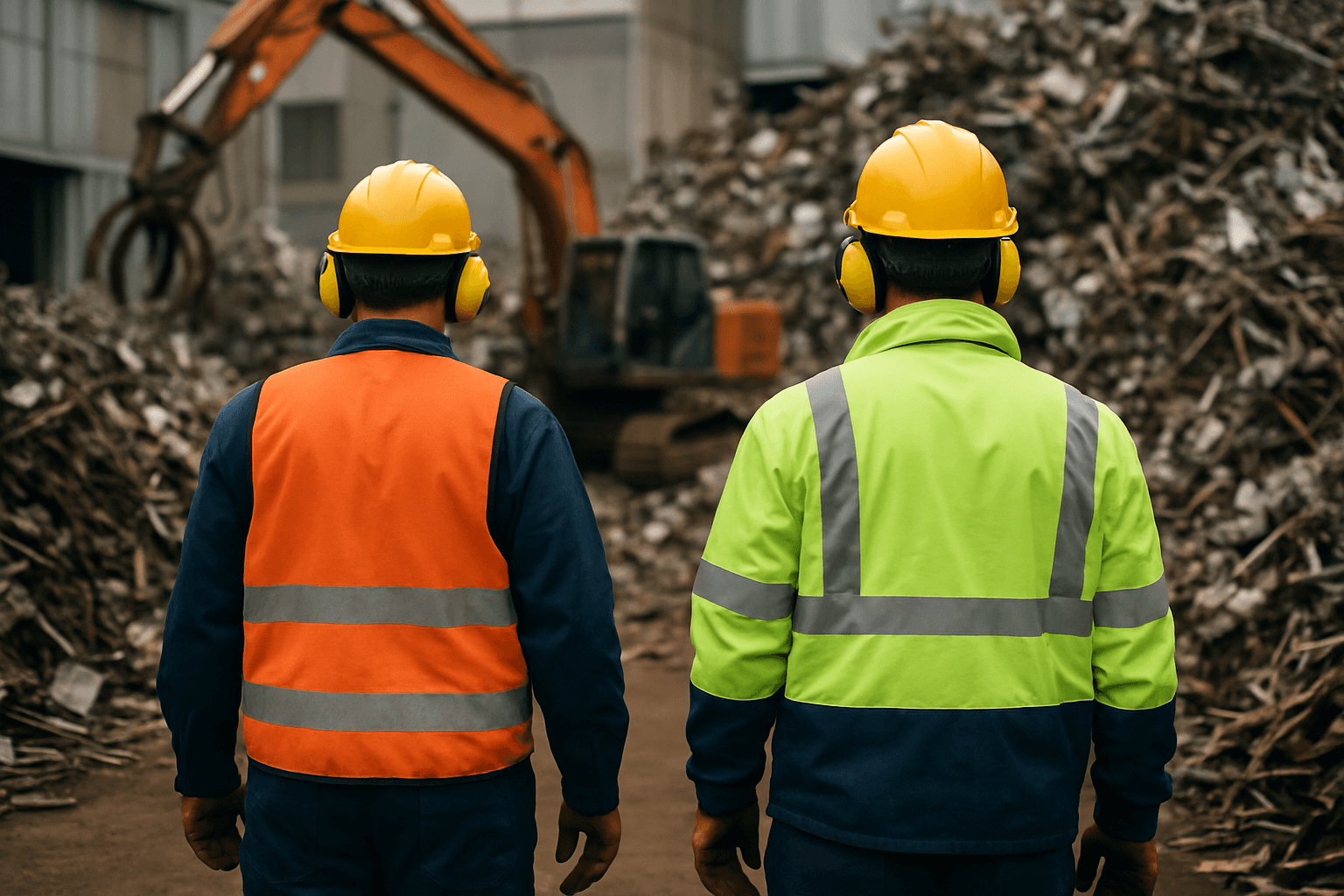 Two workers watching a digger in scraps